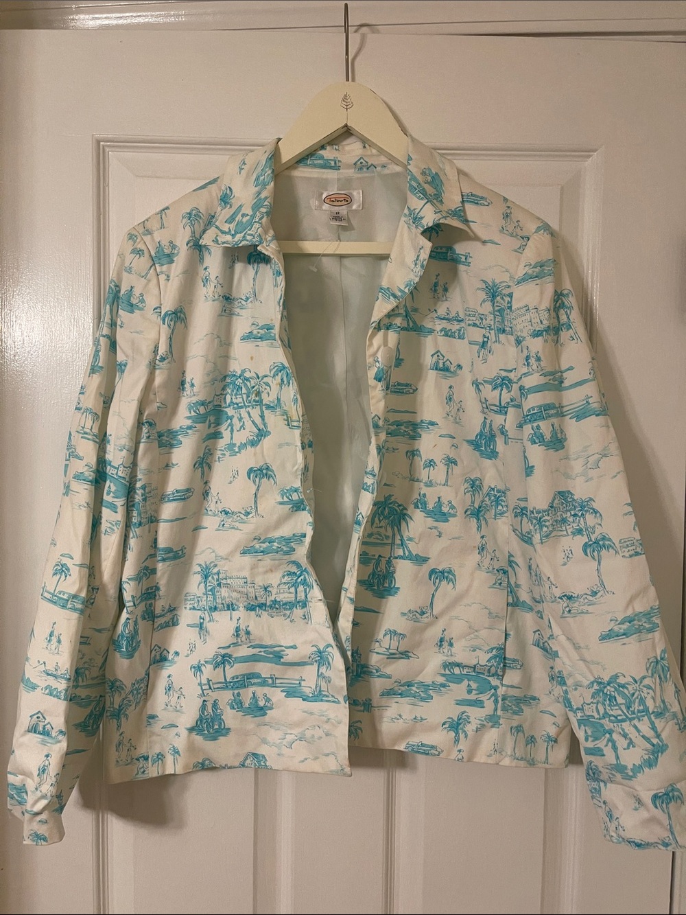 Talbots Cream Jean Jacket with Teal Scenic Print